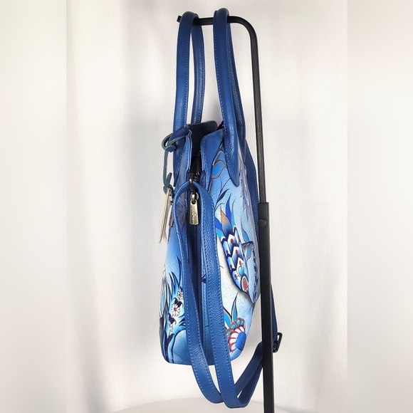 Anuschka Blue Hand-Painted Leather Satchel Crossbody Bag - Picture 6 of 8
